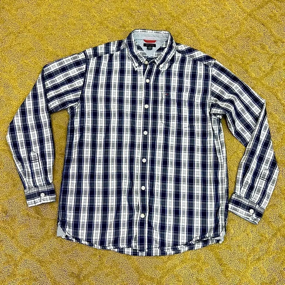 Tommy Hilfiger Boys Large 14/16 Blue Grey White Plaid Button Down Shirt - Picture 3 of 12